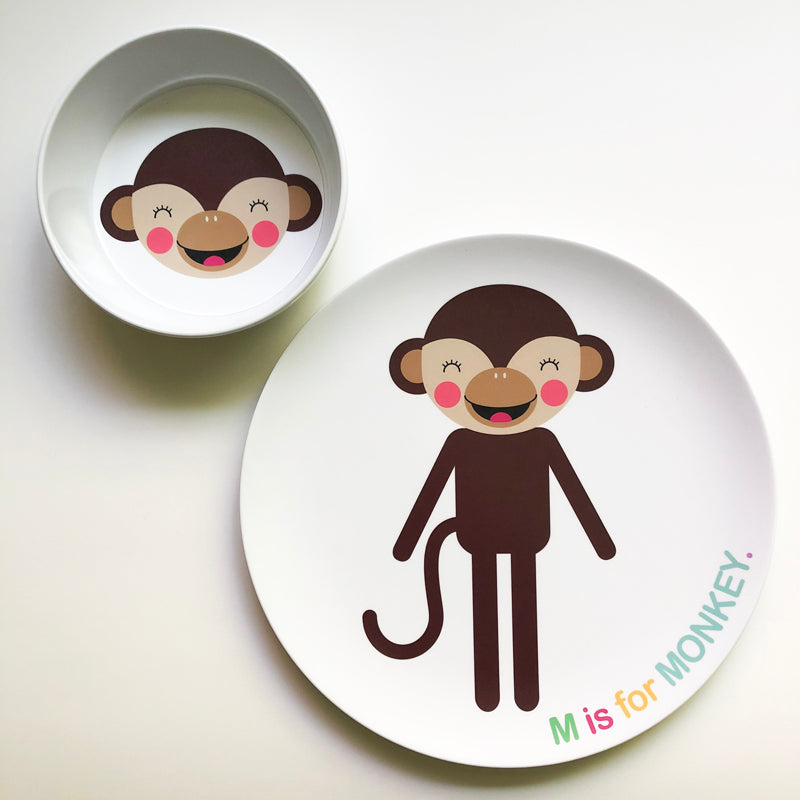 Dylbug personalized Monkey plate and bowl set for kids. Great gift for toddlers, picky eater s and kids of all ages.
