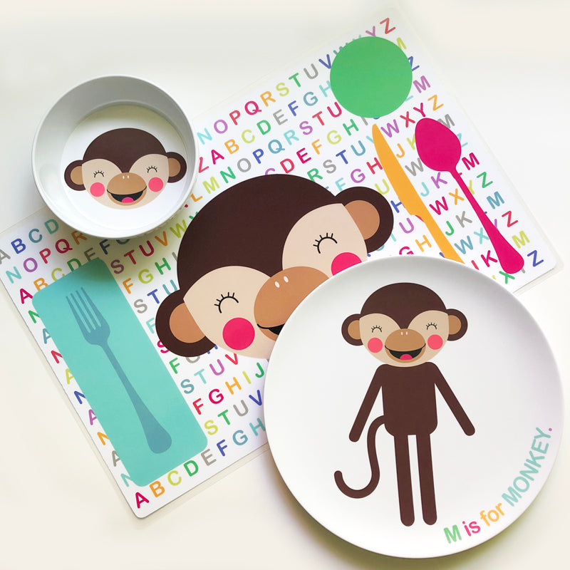 Personalized Dylbug Monkey Dish set for kids including monkey plate, monkey bo and monkey placemat