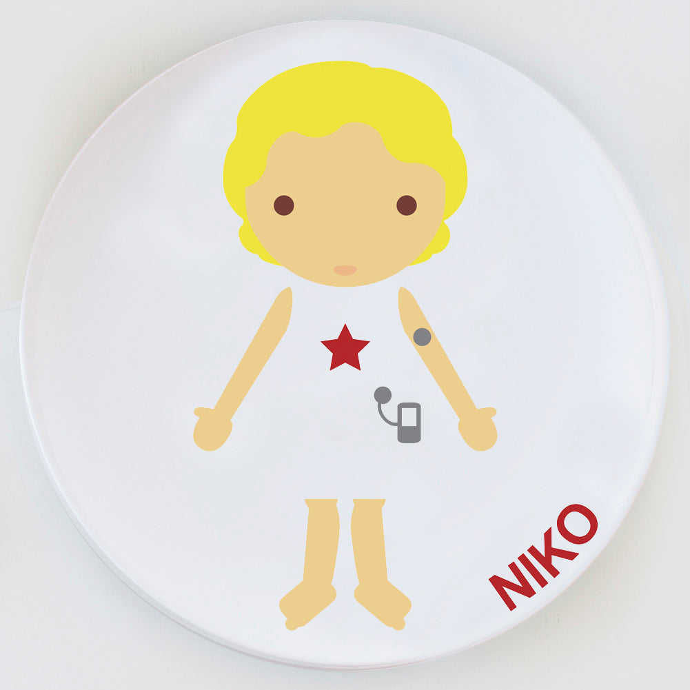Personalized little boy plate with diabetic monitor.