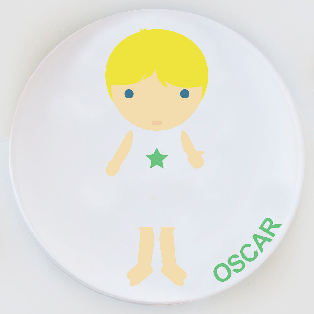 Personalized boy plate with limb differences.