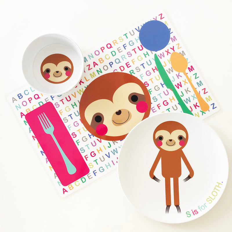 Dylbug Custom Sloth Dish Set for kids including Sloth plate, Sloth bow, and Sloth placemat. perfect for kids of all ages and picky eaters alike making meal time fun and stress free