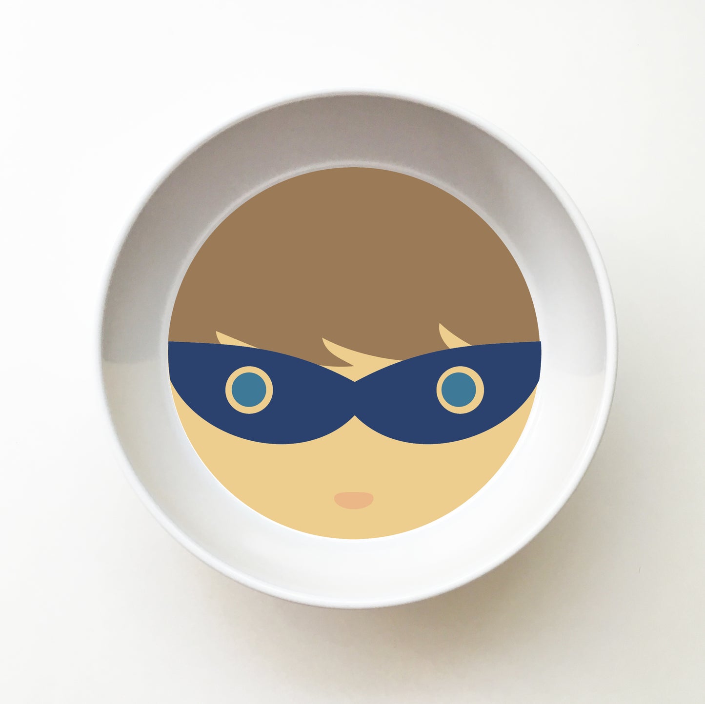 Dylbug personalized superhero boy bowl in blue. Customize skin tone, hair style, hair color, eye color to look just like your little one.