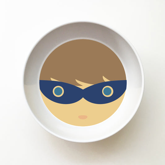 Dylbug personalized superhero boy bowl in blue. Customize skin tone, hair style, hair color, eye color to look just like your little one.