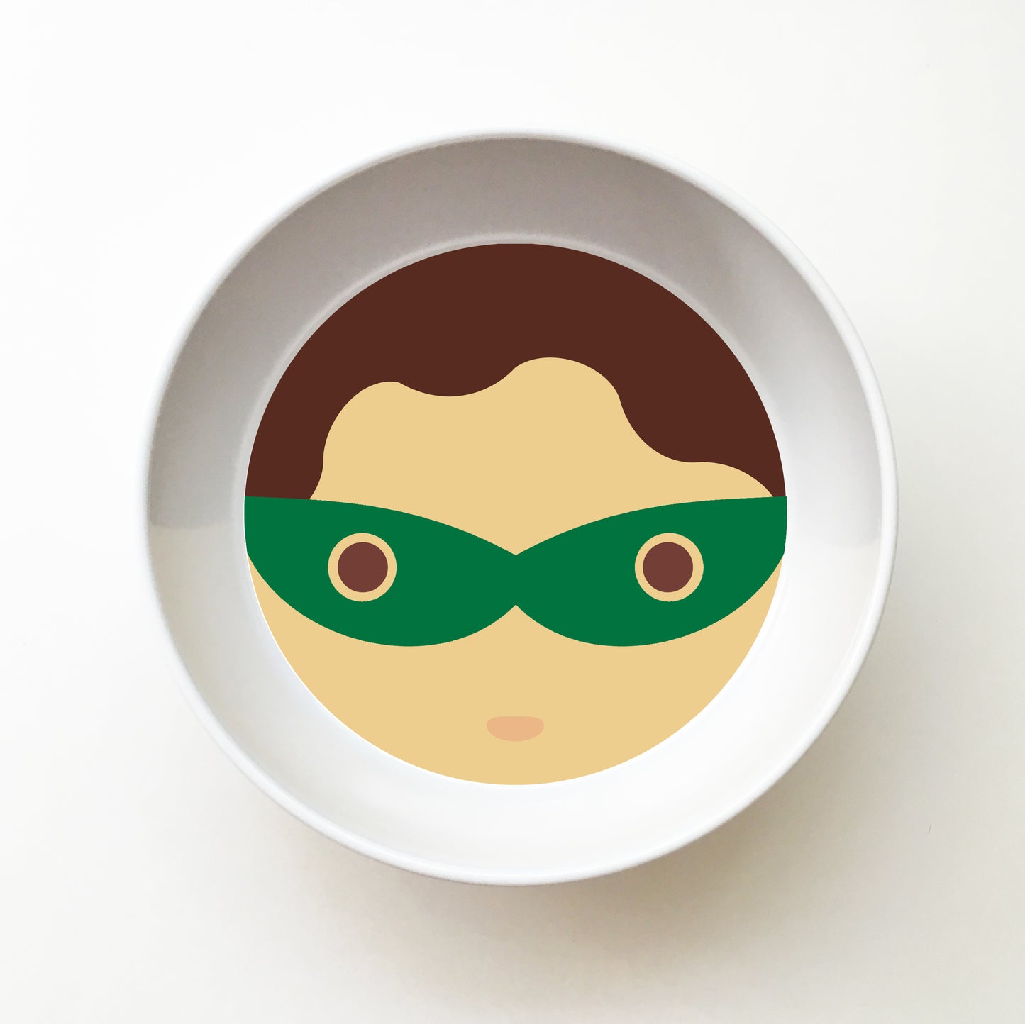 Dylbug personalized superhero boy bowl in green. Customize skin tone, hair style, hair color, eye color to look just like your little one.