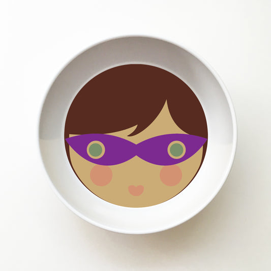 Dylbug personalized superhero girl bowl in purple. Customize skin tone, hair style, hair color, eye color to look just like your little one.