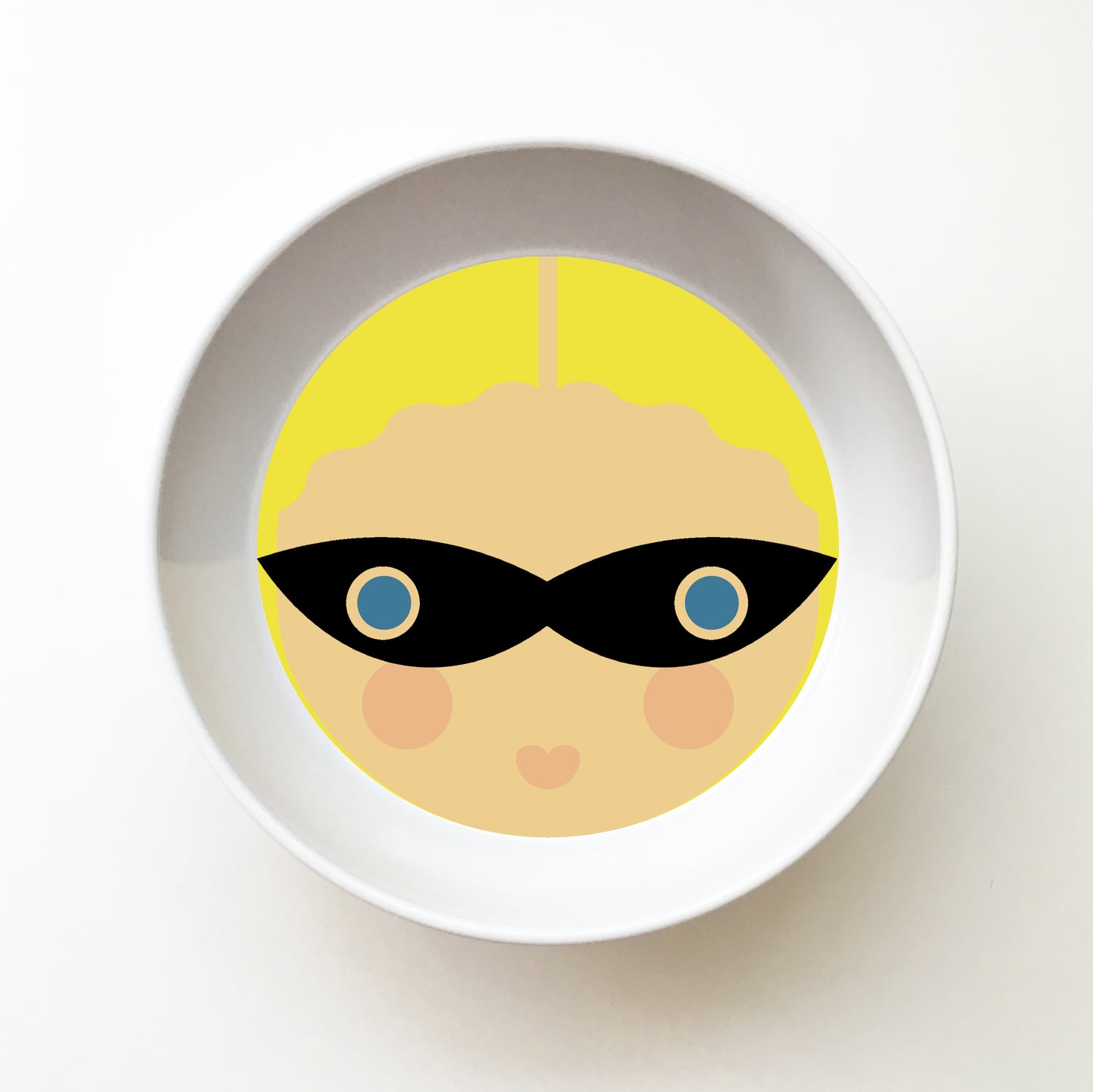 Dylbug personalized superhero girl bowl in black. Customize skin tone, hair style, hair color, eye color to look just like your little one.