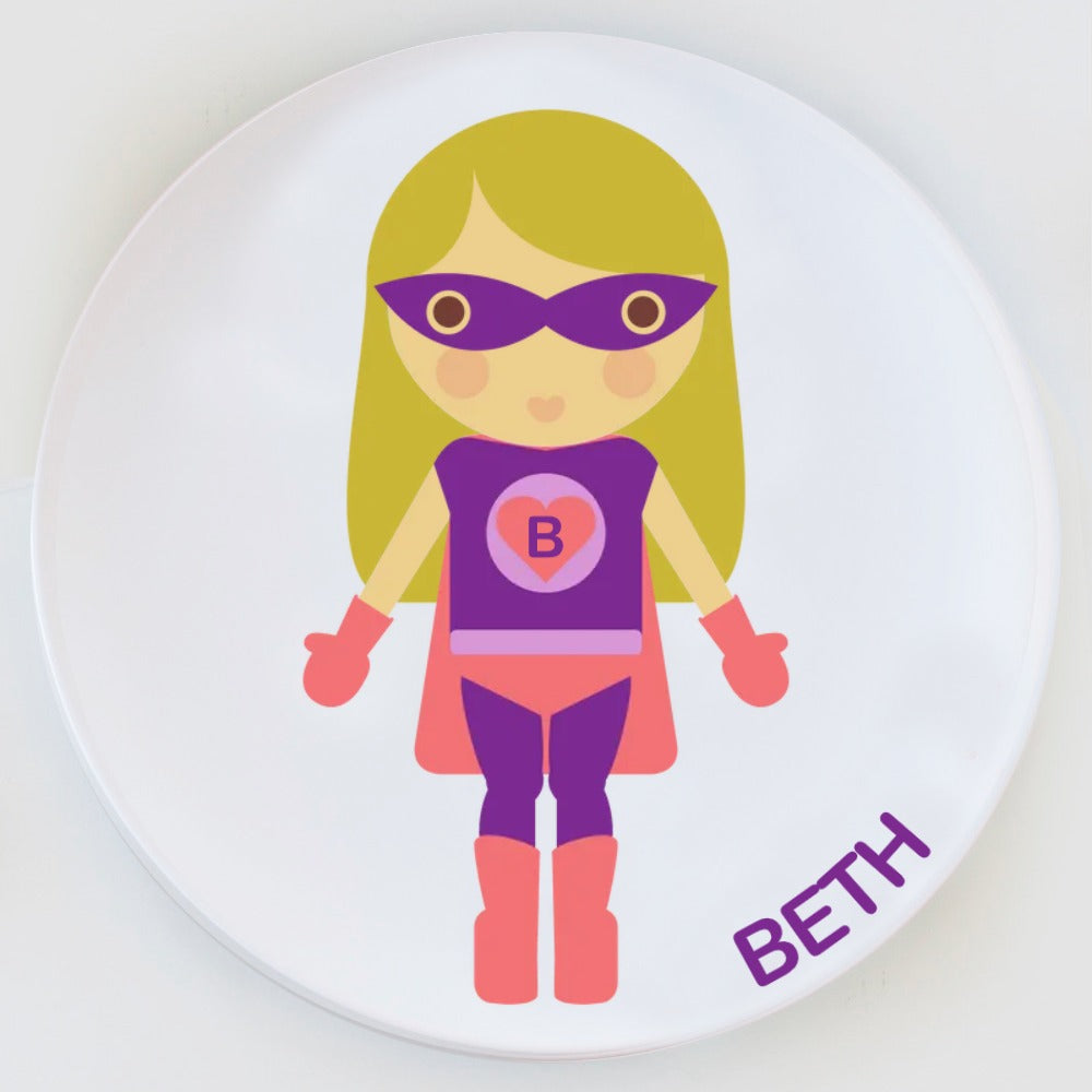 Dylbug personalized superhero girl plate in purple. Customize skin tone, hair style, hair color, eye color to look just like your little one.