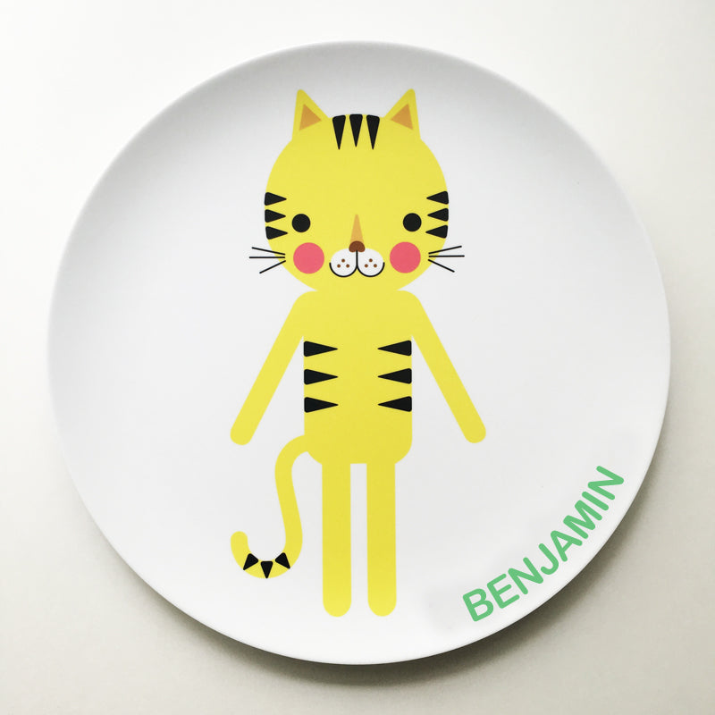 Personalized Dylbug Tiger Plate with your child's name. Making meal time fun and stress free for active kids and picky eaters.