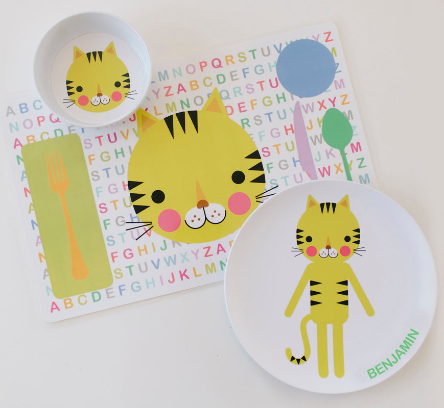 Dylbug Custom Tiger Dish Set for kids including Tiger plate, Tiger bow, and Tiger placemat.