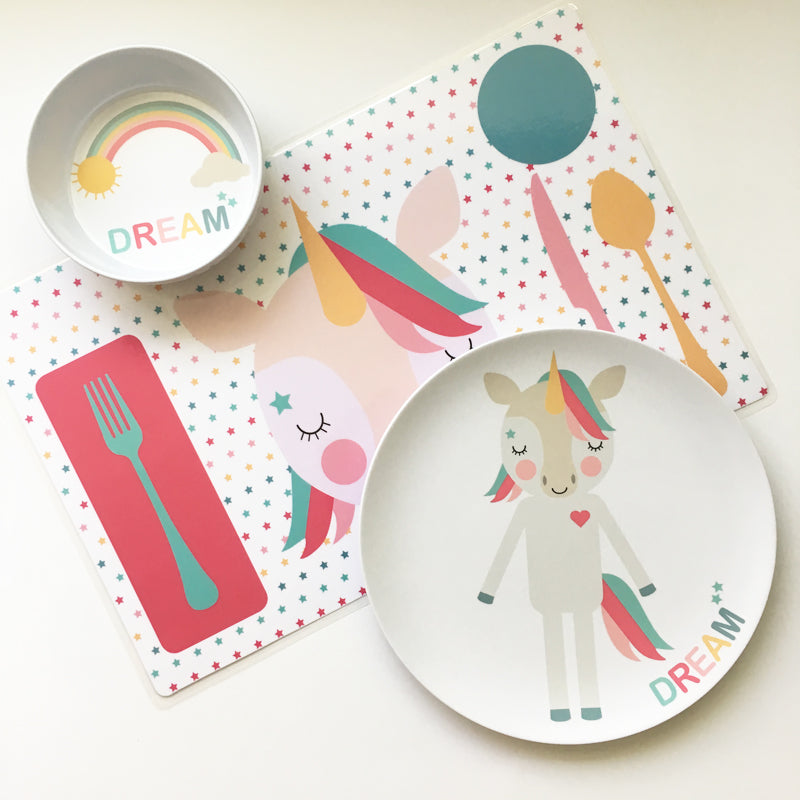 Dylbug Pink Unicorn Dish Set including plate, placemat, and bowl. Perfect for making meal times magical, fun, and stress free.