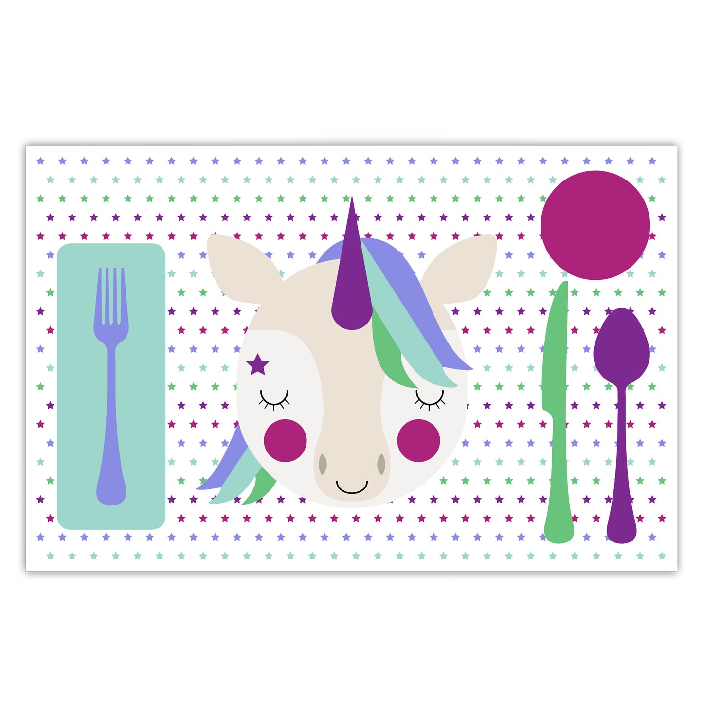 Unicorn Placemat by Dylbug front side with blue unicorn face