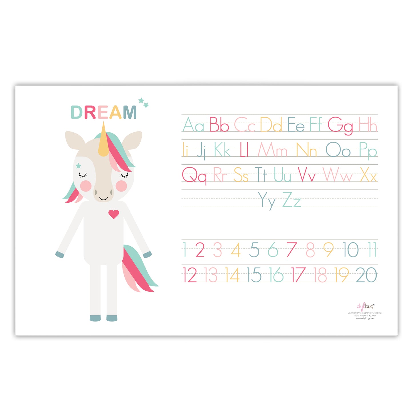 Dylbug Unicorn Placemat back side with activities and unicorn