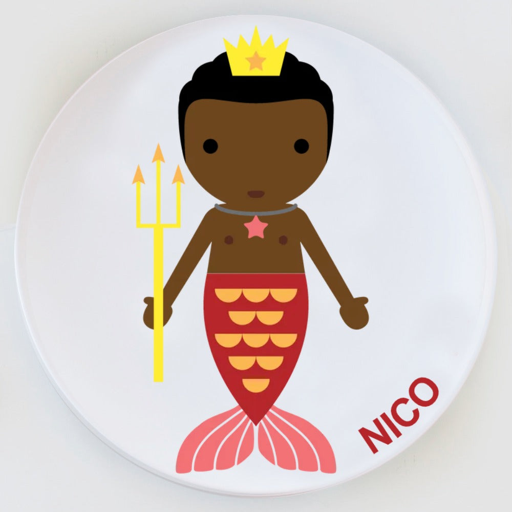 Dylbug little me Merman plate with red tail. Customize to look just like the little boy in your life.