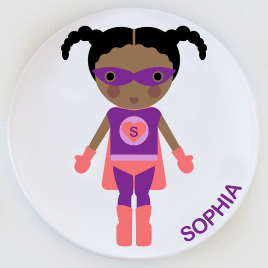 Dylbug personalized superhero girl plate in purple. Customize skin tone, hair style, hair color, eye color to look just like your little one.