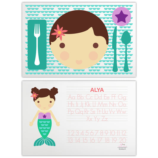 front and back side of personalized Dylbug little me mermaid placemat in green with activities and personalized face design.
